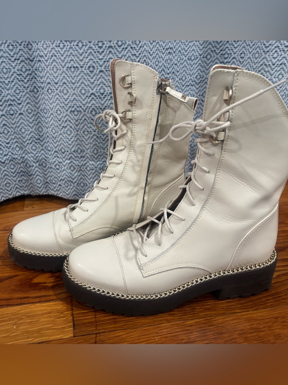 Lace-Up Combat Boots in Light Gray with Chain Trim